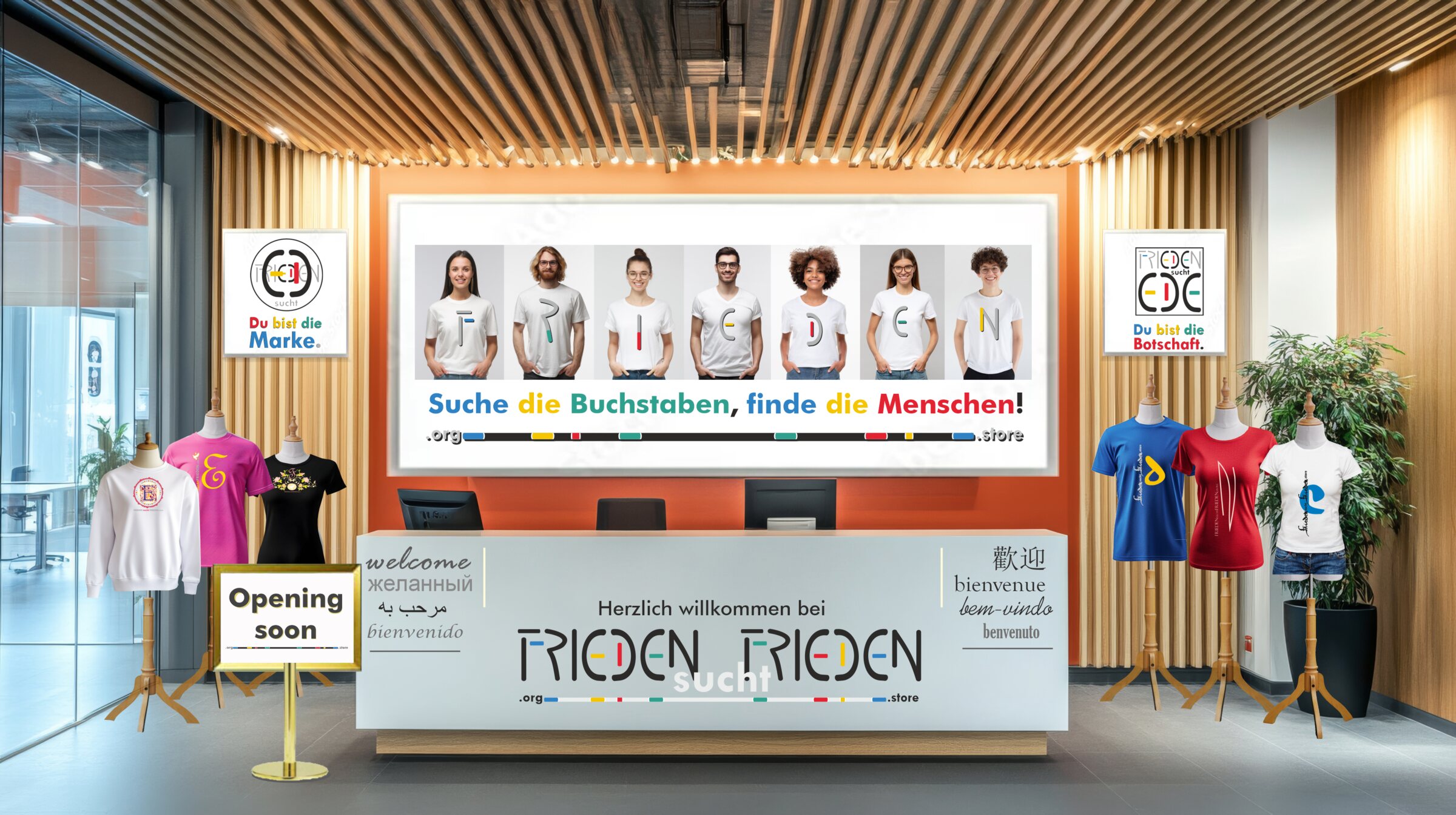 FRIEDENsuchtFRIEDEN - Opening soon: Empfangsbereich mit Shirts und dem Schriftzug FRIEDEN sucht FRIEDEN